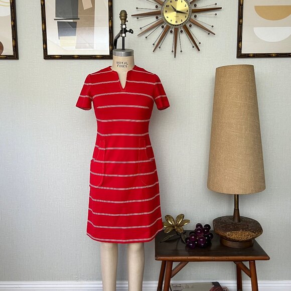 EUC Vintage 1960s Verona Knits Polyester Striped Shift Dress Medium Large - Picture 1 of 10